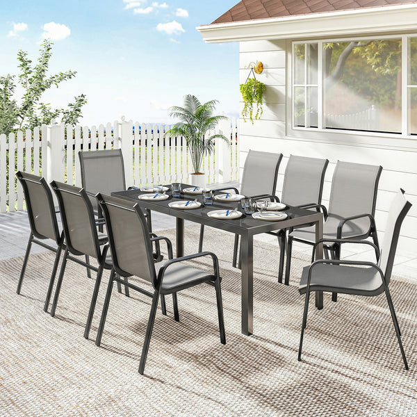Ensemble de patio 9 pièces avec chaises empilables avec plateau en verre, gris clair