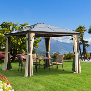 Toit de jardin rigide 10 x 10 avec structure métallique robuste avec rideaux et toit imperméable, couleur beige café