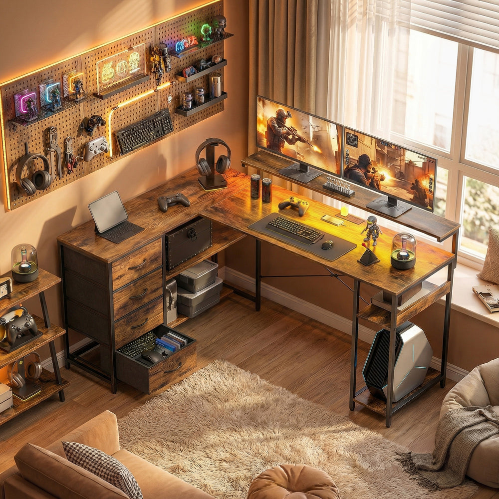 Gaming Desk with Power Outlets LED Lights Computer Desk with Drawers Monitor Stand 61" Rustic Brown