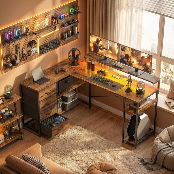 Gaming Desk with Power Outlets LED Lights Computer Desk with Drawers Monitor Stand 61" Rustic Brown