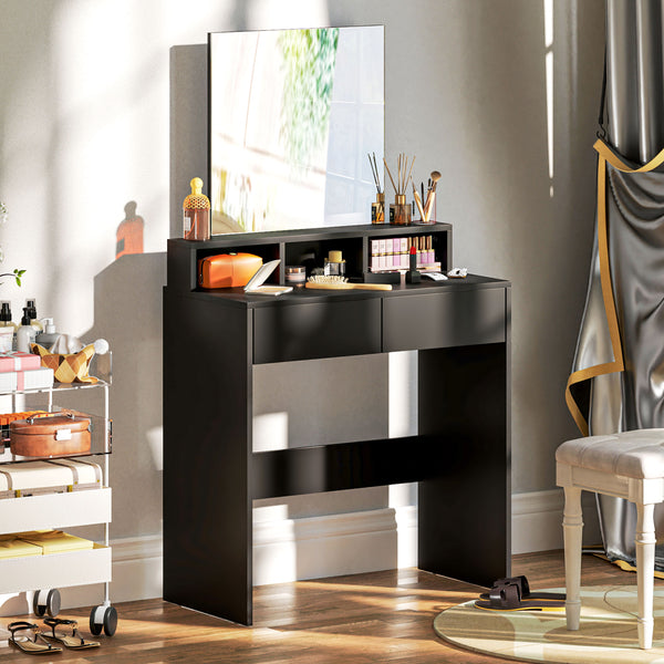 Coiffeuse avec miroir, tiroirs et compartiments, noire
