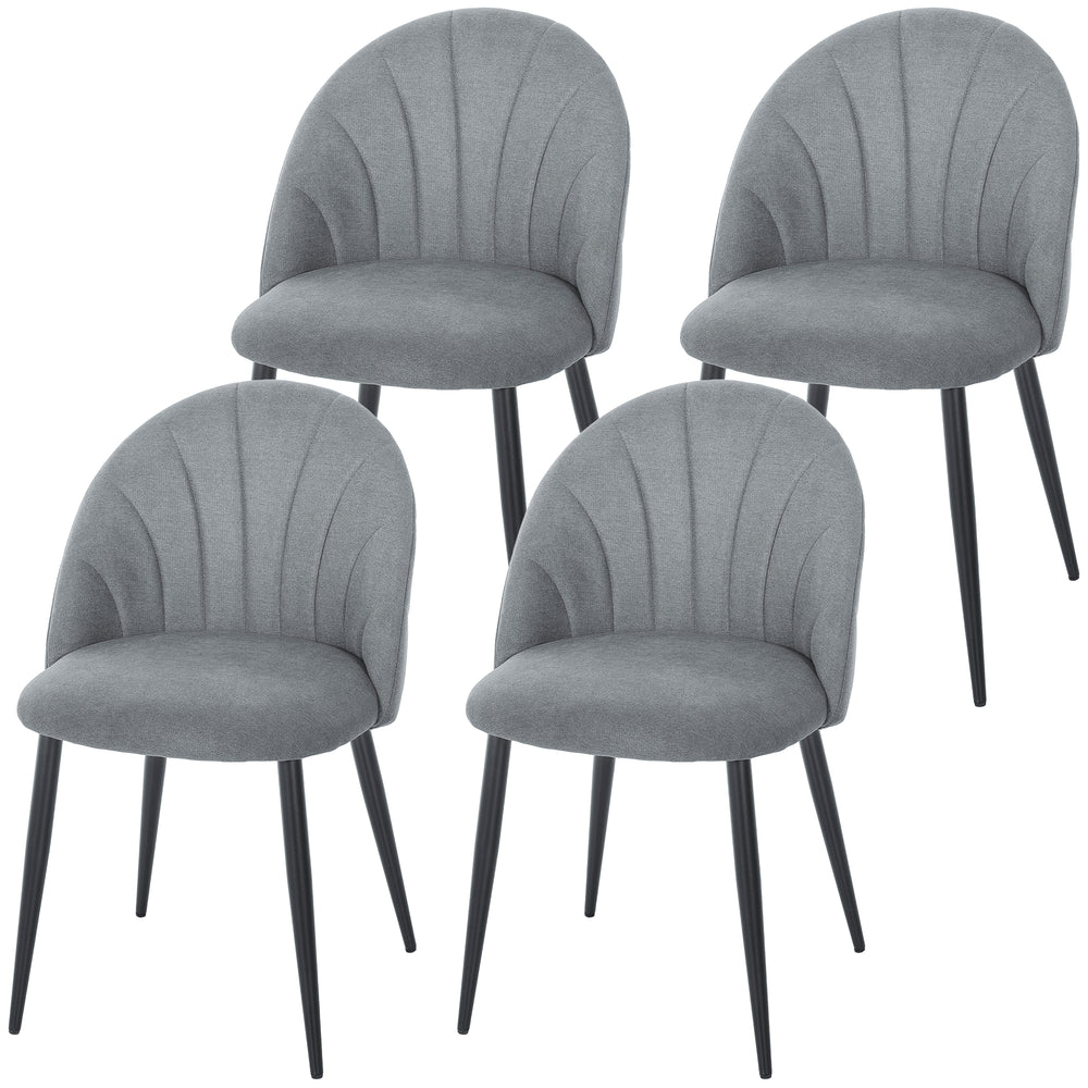 Ensemble de 4 chaises de salle à manger modernes, rembourrées avec pieds en métal, dossier coquillage et assise rembourrée, grises.