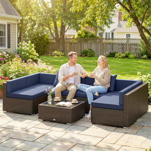 Ensemble de jardin 7 pièces en résine tressée avec table basse, canapé d'angle en rotin, bleu marine
