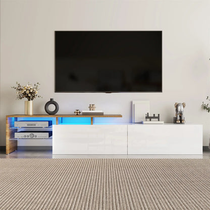 Meuble TV moderne avec étagères en verre et éclairage LED, blanc et naturel