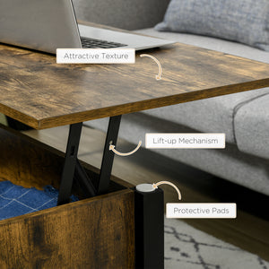 Table basse relevable avec compartiment de rangement dissimulé, 3 étagères inférieures, marron rustique