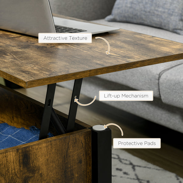 Table basse relevable avec compartiment de rangement dissimulé, 3 étagères inférieures, marron rustique
