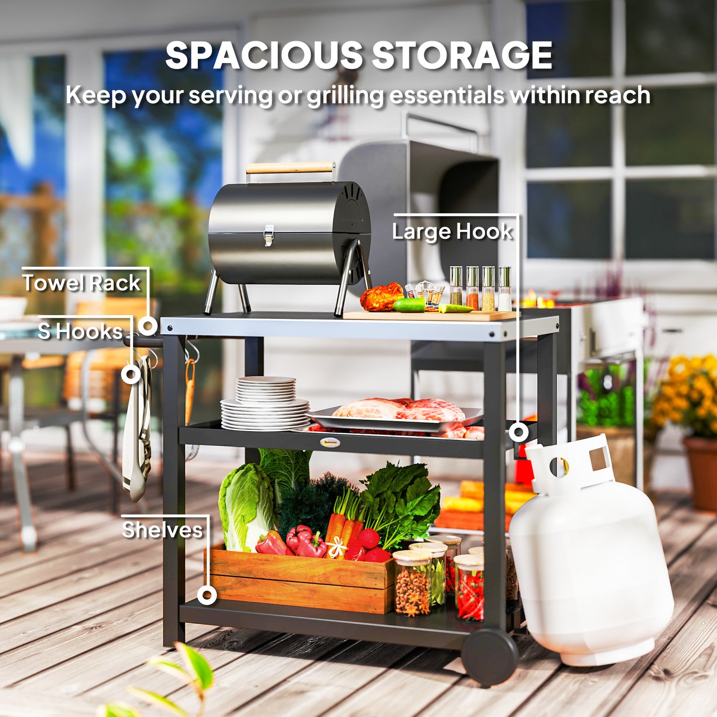 Outsunny 3-Shelf Outdoor Kitchen Cart, Pizza Oven, Stainless Steel Top, Mobile BBQ Food Prep Table, Outdoor Kitchen Island with Hooks, Casters and Handle, Charcoal Grey 