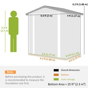 Abri de jardin 1,98 m x 1,22 m, en métal, avec double porte verrouillable et 4 aérations, couleur argent-blanc.