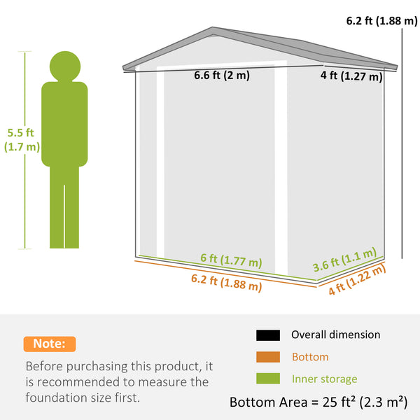 Abri de jardin 1,98 m x 1,22 m, en métal, avec double porte verrouillable et 4 aérations, couleur argent-blanc.