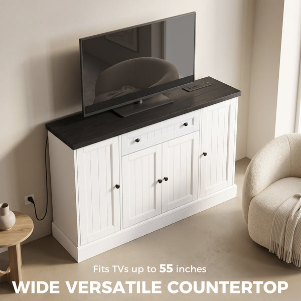 47" Farmhouse Sideboard Buffet Cabinet with Charging Station, Coffee Bar Cabinet with 3 Adjustable Shelves, White