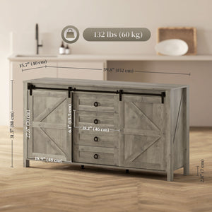 Buffet de style campagnard avec portes coulissantes, tiroirs et étagères réglables, gris clair vieilli