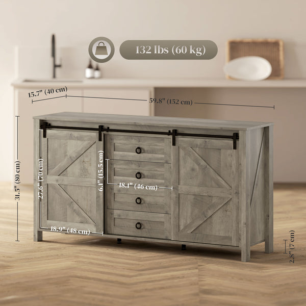 Buffet de style campagnard avec portes coulissantes, tiroirs et étagères réglables, gris clair vieilli