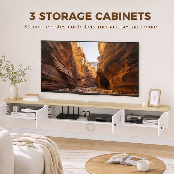 Meuble TV mural flottant 63 po avec rangement et station de recharge, blanc