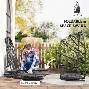 Fauteuil suspendu avec support, en rotin tressé avec coussin épais et corde de sécurité, noir