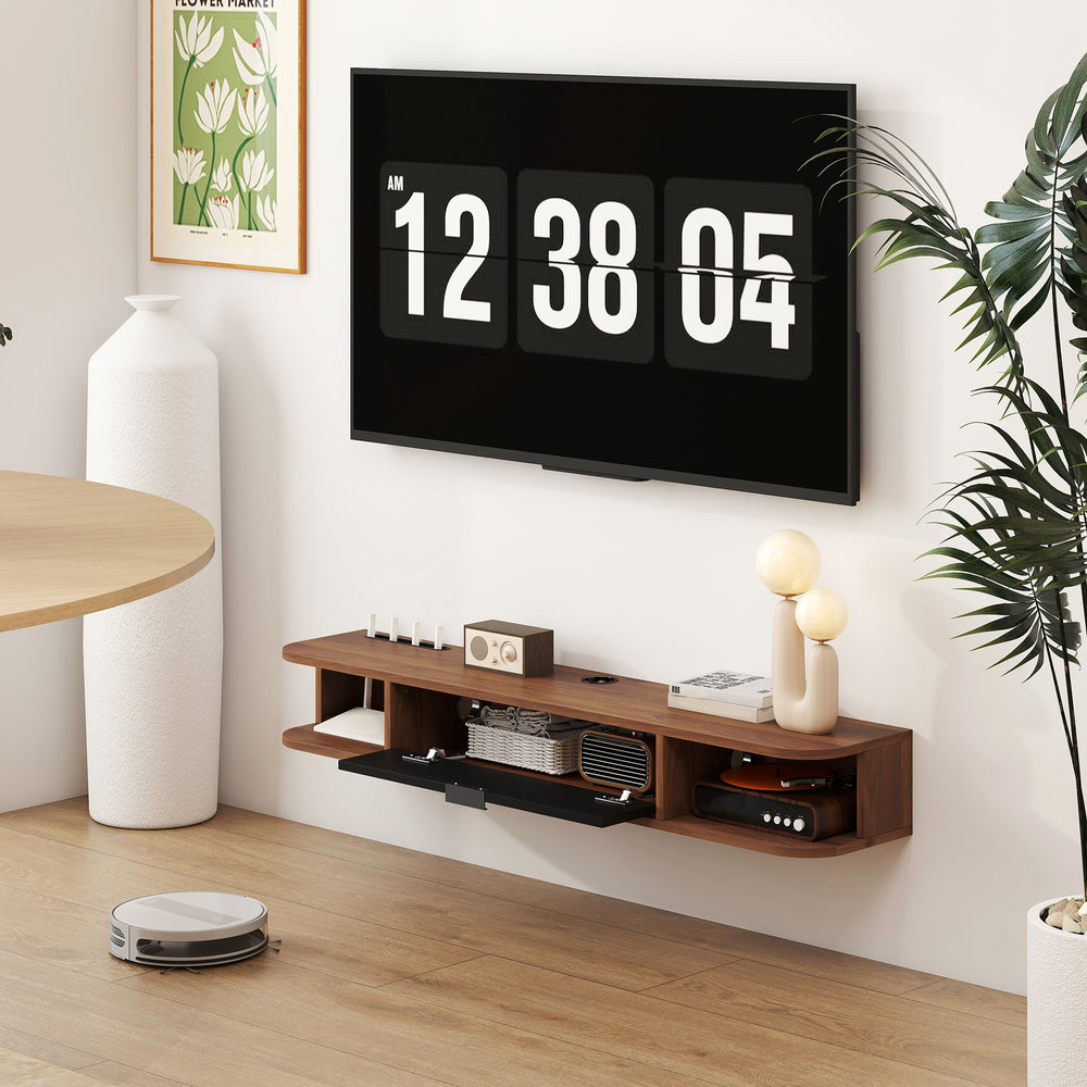 Meuble TV mural flottant de 47" avec tiroir rabattable et 2 étagères ouvertes, noyer
