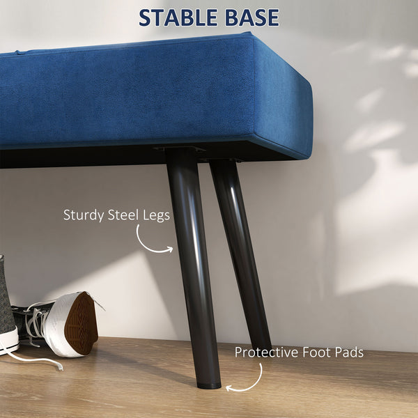 Banc de chambre rembourré moderne avec pieds en acier, bleu foncé