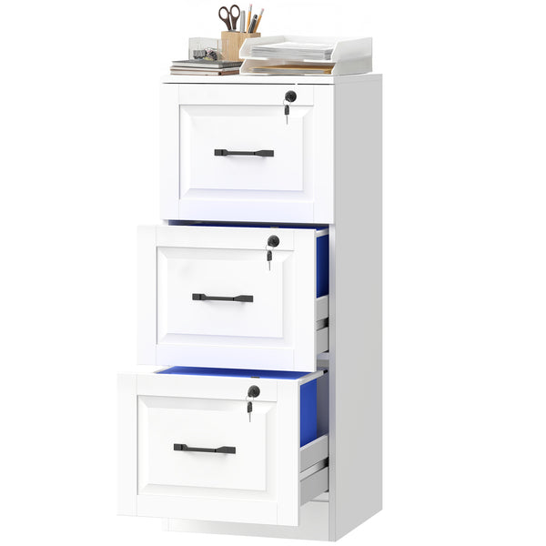 3-drawer vertical filing cabinet with lock, equipped with adjustable hanging rails for A4 and Letter sizes, white.