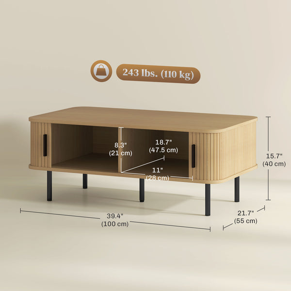 Table d'appoint nordique avec portes coulissantes à lattes et pieds en acier pour salon, couleur chêne