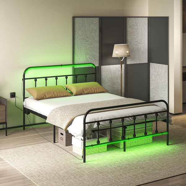 Cadre de lit double avec éclairage LED et station de charge, en métal avec rangement sous le lit, noir