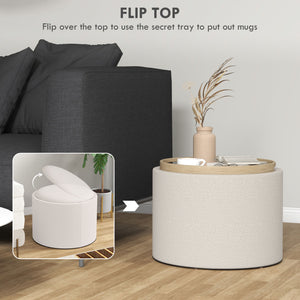 Table basse ronde avec rangement dissimulé et plateau rembourré en lin