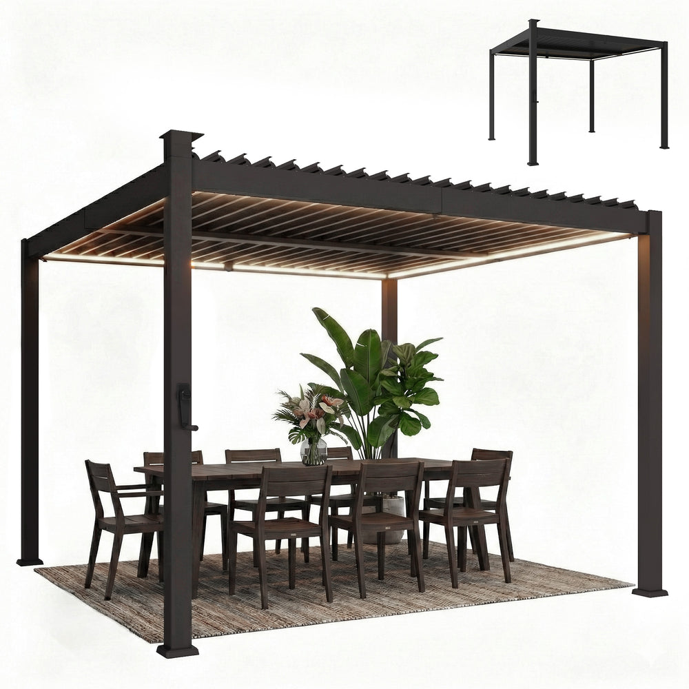Pergola 10 x 10 à lames orientables avec éclairage solaire LED avec gouttières de drainage, noire