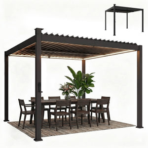 Pergola 10 x 10 à lames orientables avec éclairage solaire LED avec gouttières de drainage, noire