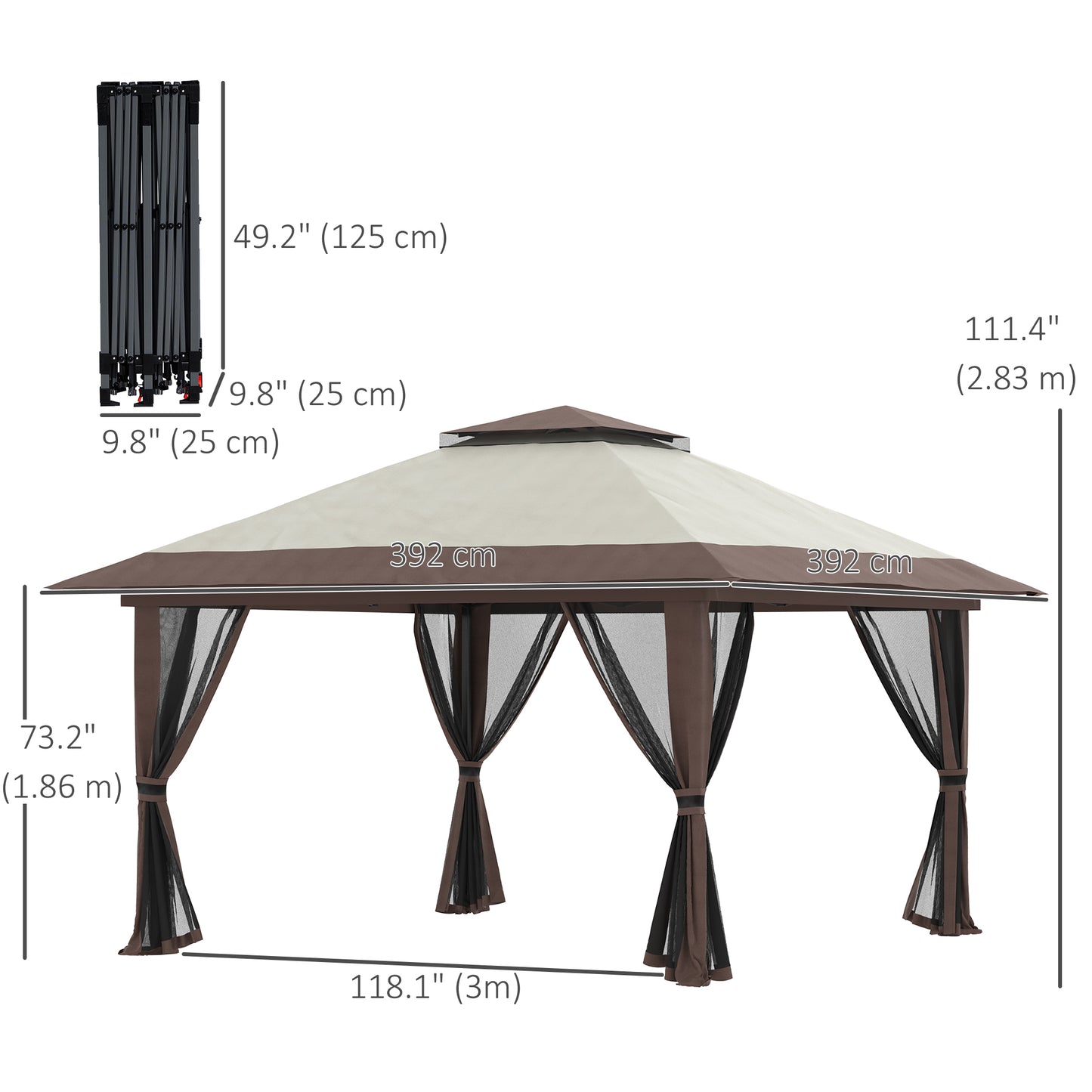 Gazebo escamotable 13' x 13', toit à deux niveaux, facile à monter, avec filets, sac, beige