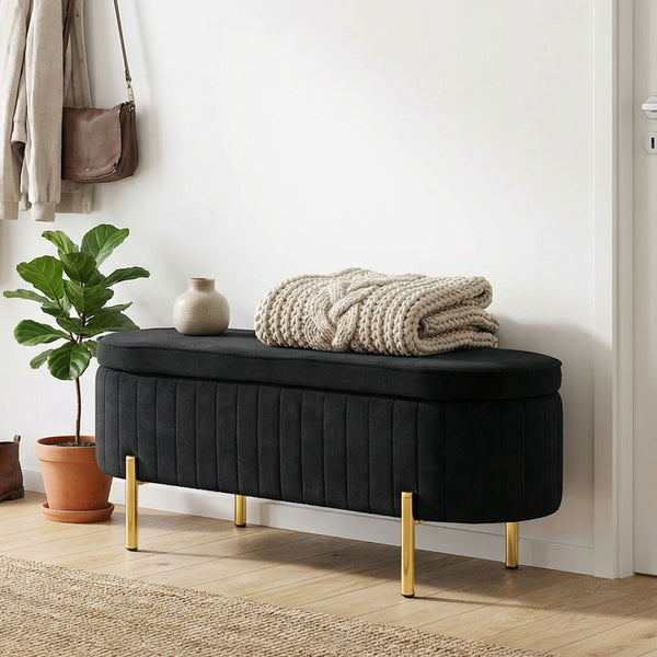 Banc capitonné avec rembourrage épais et pieds en métal, noir