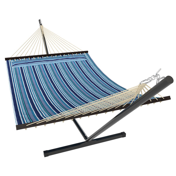 Hamac avec support robuste avec structure en acier pour terrasse et jardin, bleu et blanc