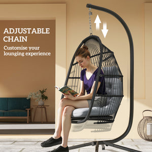 Balancelle en osier avec support, pliable et suspendue, coussin résistant aux UV et appui-tête, gris foncé