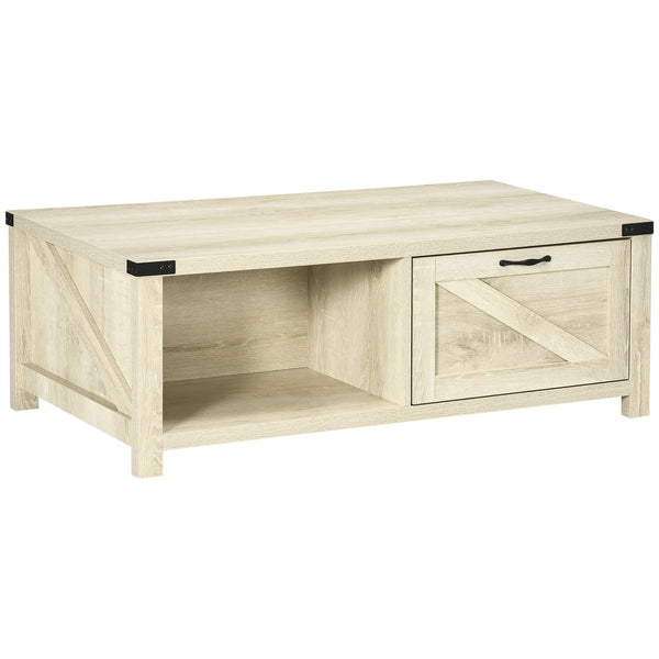 Table basse industrielle avec tiroir en chêne blanc