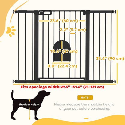 Barrière extra large pour animaux PawHut de 76 à 132 cm avec petite porte, barrière de sécurité pour chien de 89 cm de hauteur, fixation par pression pour escalier, noire