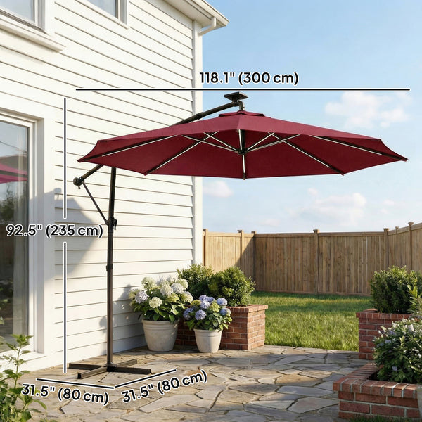 Parasol déporté de 3 m avec éclairage solaire avec rotation à 360°, inclinaison et housse de protection, rouge bordeaux