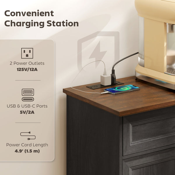 Buffet style ferme avec station de recharge, 2 tiroirs et 2 étagères réglables, finition bois gris