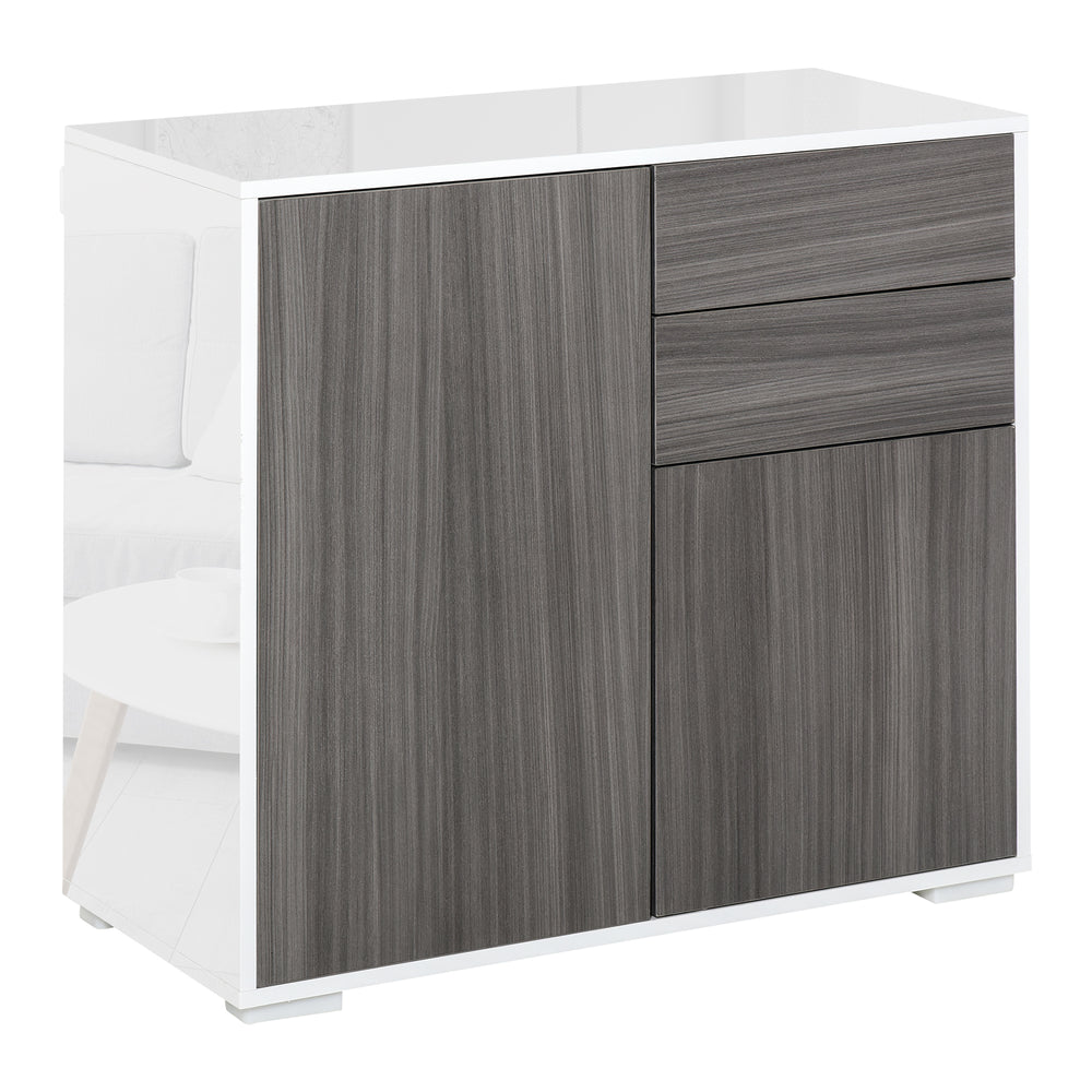 Buffet laqué brillant avec 2 tiroirs, 2 portes et une étagère réglable, gris et blanc