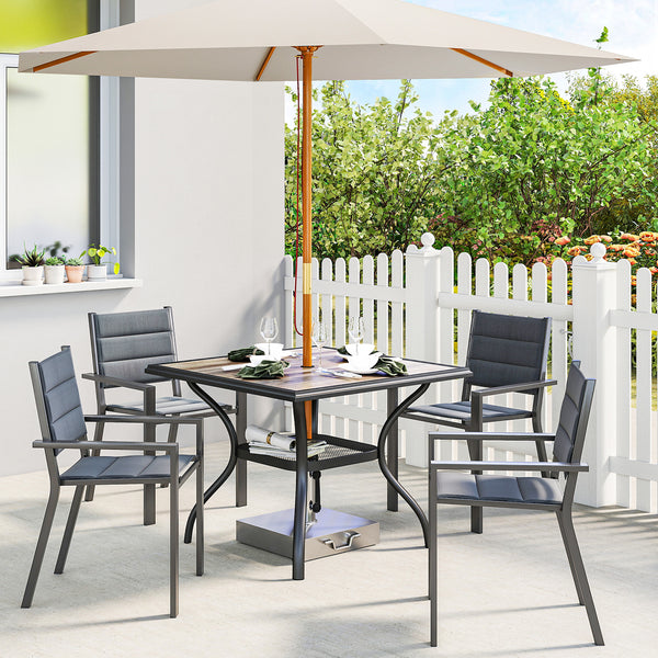 Table de jardin carrée pour 4 personnes, avec trou pour parasol, grise