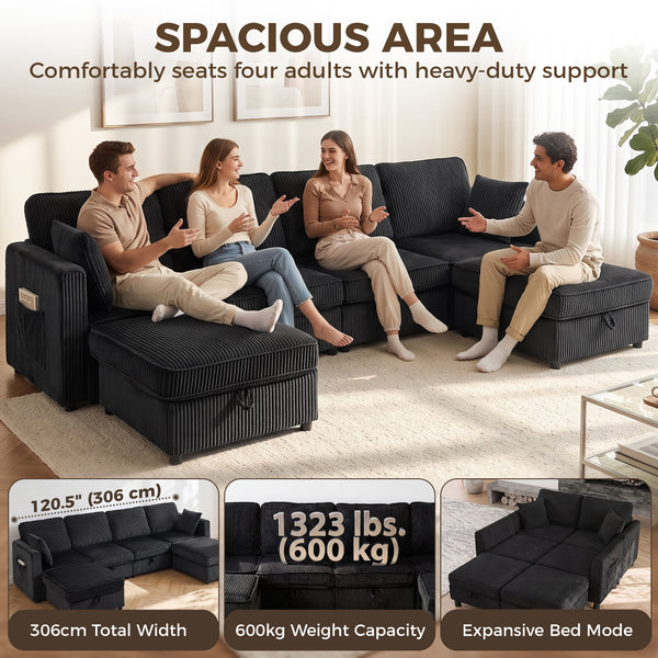 Canapé en velours côtelé en forme de U avec pouf de rangement double, rangement sous l'assise, 4 coussins, gris foncé