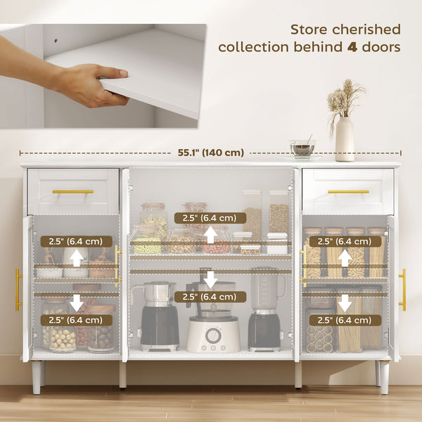 Buffet avec portes à fermeture amortie avec 2 tiroirs, 3 étagères réglables et 4 portes, blanc