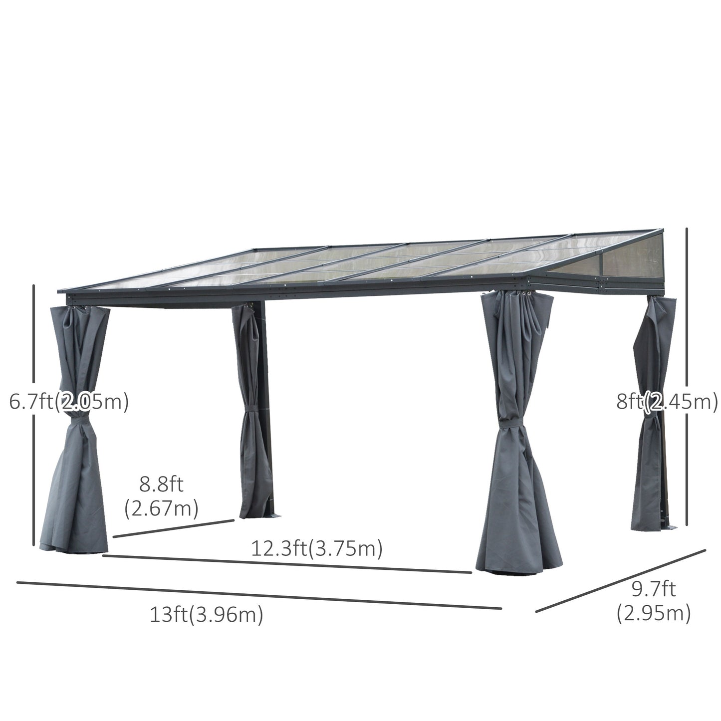 Pergola à toit rigide 10' x 13' avec toit en polycarbonate et rideaux, gris