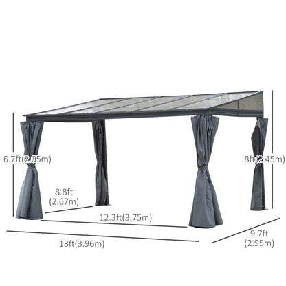 Pergola à toit rigide 10' x 13' avec toit en polycarbonate et rideaux, gris