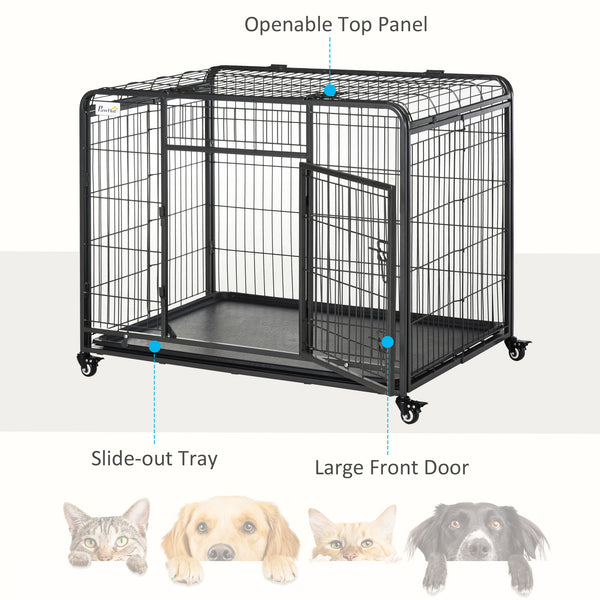 Cage pliable et robuste avec double porte, roulettes verrouillables et plateau