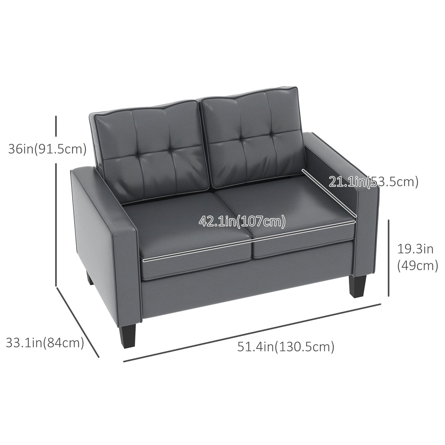 Upholstered faux leather loveseat with armrests, pocket spring cushion, gray