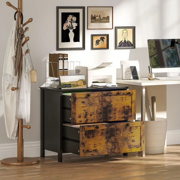 Classeur 2 tiroirs, verrouillable avec barre de suspension réglable pour documents A4, marron rustique