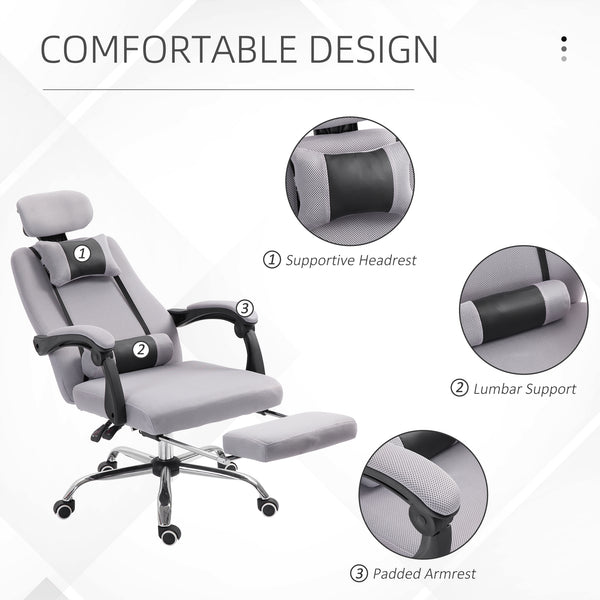 Ergonomic high-back office chair with footrest and lumbar support, grey