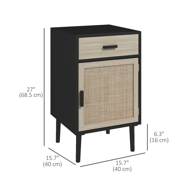 Lot de 2 tables de chevet bohèmes avec tiroir, meuble en rotin, étagère réglable pour chambre et salon, noir