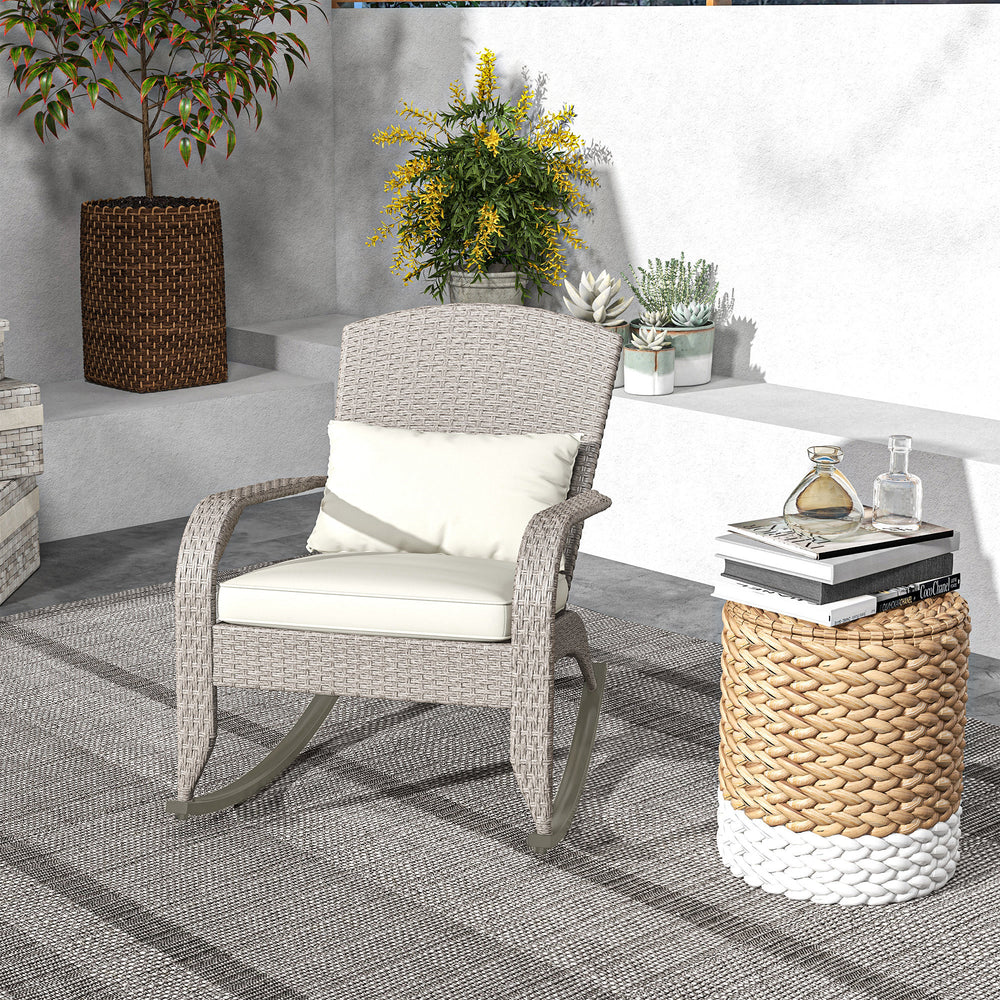 Fauteuil style Adirondack à bascule d'extérieur en osier avec dossier haut, blanc crème