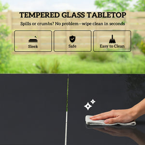 Ensemble de salle à manger d'extérieur 7 pièces pour 6 personnes, table en verre et chaises avec accoudoirs décoratifs, toile en maille résistante aux intempéries, noir