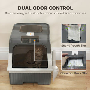 Cat Litter Box with Lid, Enclosed Kitty Litter Box with Pull-Out Drawer Tray, Scoop, 4 Deodorizing Bags, Gray
