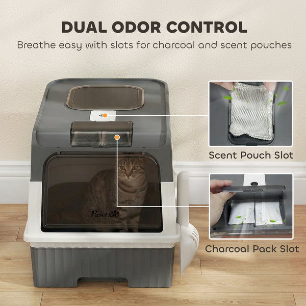Cat Litter Box with Lid, Enclosed Kitty Litter Box with Pull-Out Drawer Tray, Scoop, 4 Deodorizing Bags, Gray