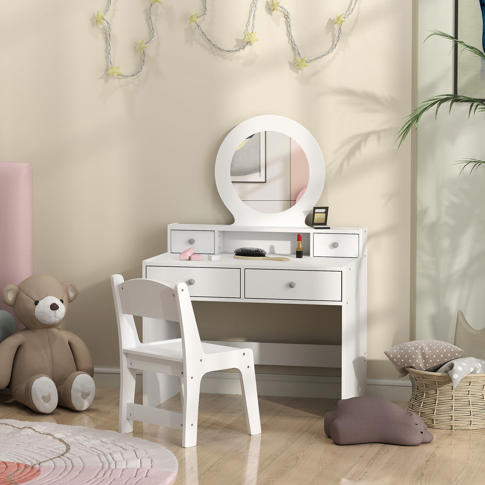 Coiffeuse avec miroir, tabouret et tiroirs de rangement, blanche
